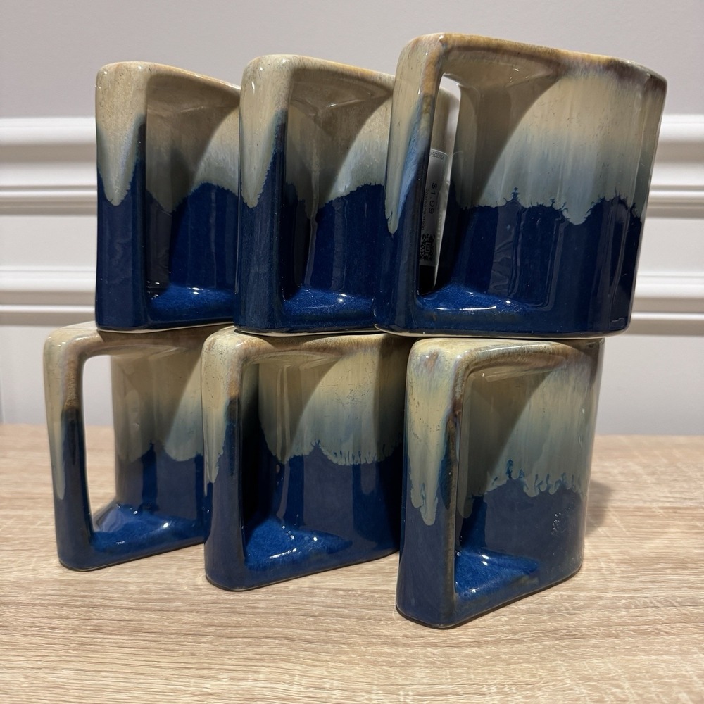 RODOLFO PADILLA Stoneware Mugs Blue Beige Drip Glaze‎ Set 6 MCM Southwest signed